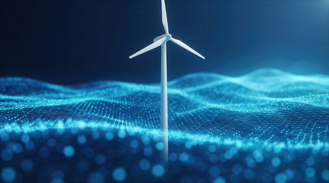 A solitary wind turbine illuminates the path to renewable energy amidst a sea of blue data.