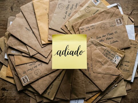 Vintage envelopes with a yellow sticky note saying 'adiado', representing a delay or postponement of correspondence, Concept