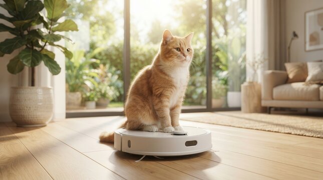 An orange and white cat sits calmly on a robot vacuum cleaner in a contemporary living room.