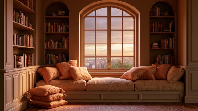 Cozy window seat view with sunset in a warm home library interior