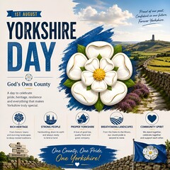 Obraz premium Yorkshire day celebration poster featuring white rose emblem and scenic rural landscape yorkshire celebration landscape heritage community