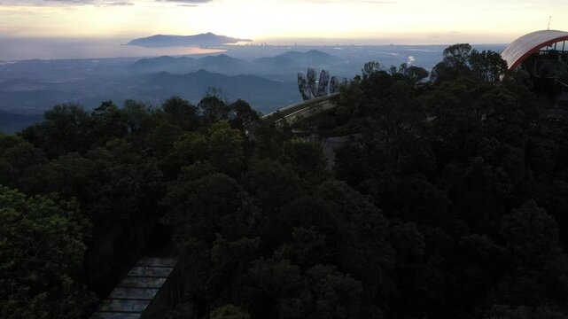 Cinematic Drone Footage of Ba Na Hills Featuring Golden Hands Bridge, Linh Ung Pagoda, Sun World French Village Castle and Mountain View Overlooking Da Nang