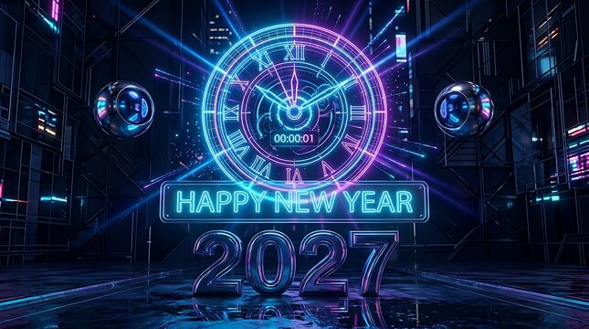 Happy New Year 2027 neon sign with glowing clock face in a futuristic dark digital environment