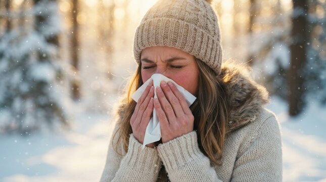 A woman sneezing into a white tissue, showing symptoms of a cold or flu during winter.