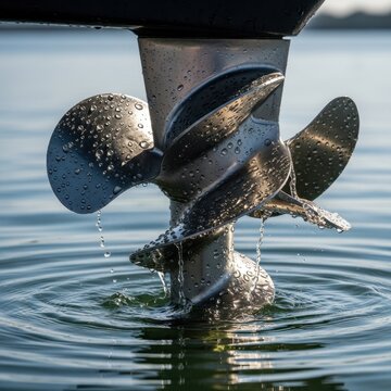 Close up of boat propeller in water creating ripples.