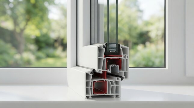 Modern window frame cross-section showing energy-efficient double glazing and structural details.
