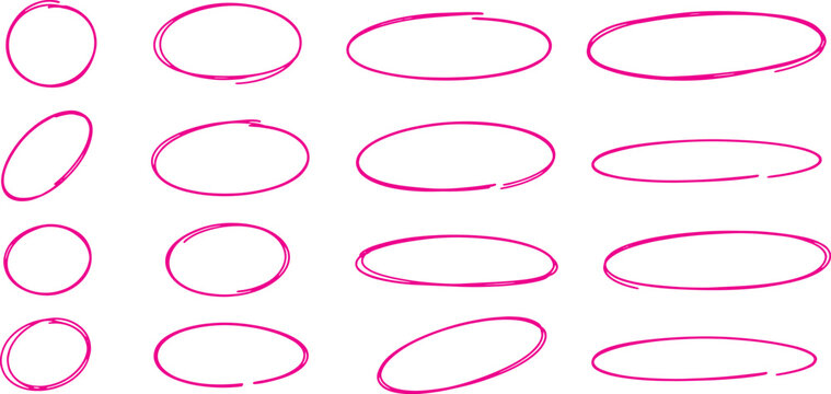 Hand drawn pink circle highlight marker collection with sketch oval outline elements for annotation and note design