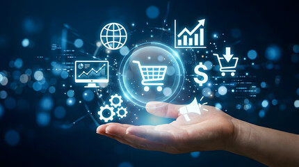 Fototapeta premium Hand holding glowing digital commerce icons with captures hand presenting holographic business symbols against blue background shopping cart