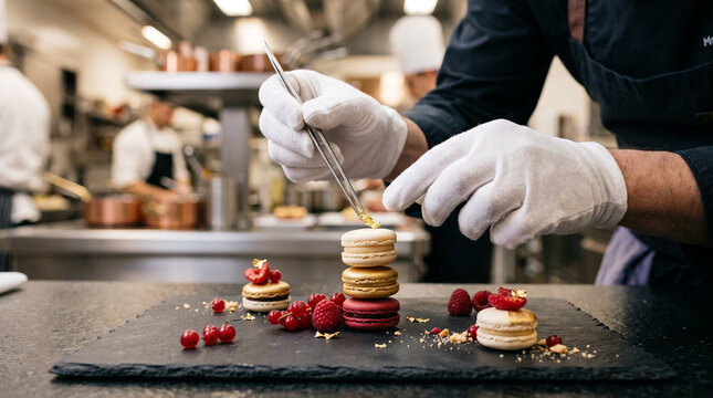 Chef Plating Gourmet Dessert with Macarons and Berries