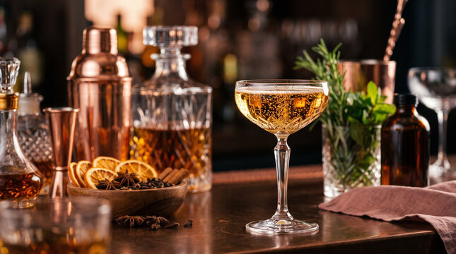 Elegant Cocktail with Spirits and Bar Accessories