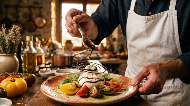 Chef Drizzling Balsamic Reduction on Caprese Salad