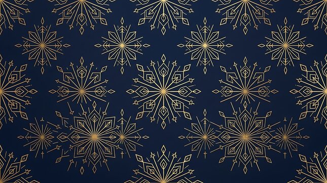 Golden geometric snowflake pattern on dark blue background for winter holiday luxury wrapping paper and festive design