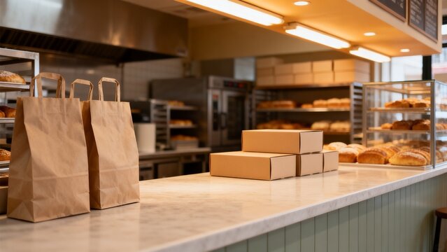 Local small business scene featuring paper bags unbranded boxes bakery inde