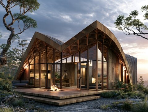 Modern architectural cabin with fire pit at dusk, surrounded by nature
