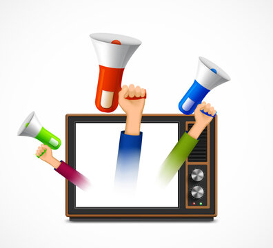 Human hands with megaphones on a retro TV screen. Vector illustration. Isolated on white background.