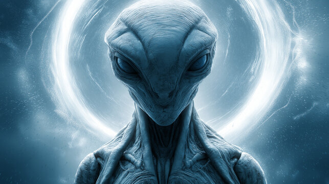 Futuristic alien character portrait with glowing cosmic portal on deep space background