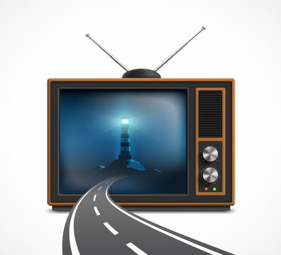 Road leads to the light of the lighthouse on a retro TV screen. Isolated on a white background. Vector illustration.