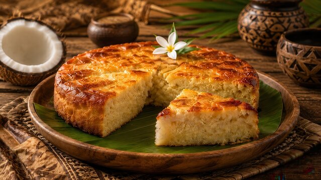 Torta tradizionale delle fiji con manioca e cocco in ambiente rustico. Generative AI