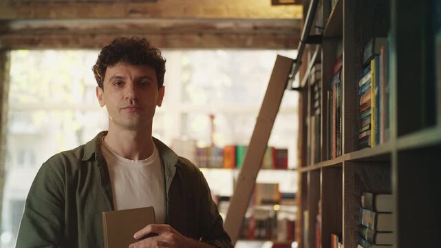 Portrait of young man reading a book and smiling at camera in a library