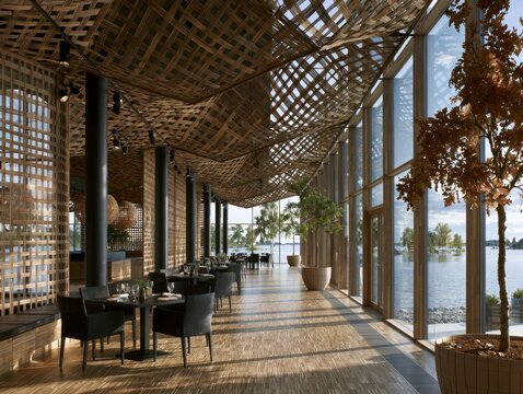 Modern Restaurant Interior with Lake View and Woven Ceiling Structure