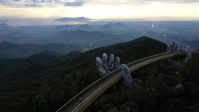 Cinematic Drone Footage of Ba Na Hills Featuring Golden Hands Bridge, Linh Ung Pagoda, Sun World French Village Castle and Mountain View Overlooking Da Nang