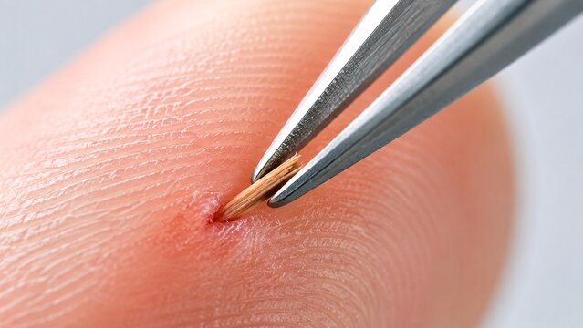 Extreme macro close-up of metal tweezers removing a wooden splinter from human skin