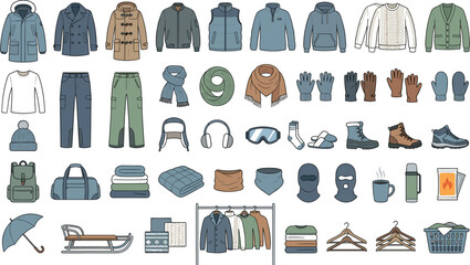 Vector illustration set of winter clothes cold weather apparel coats jackets boots scarves gloves beanie hat and outdoor seasonal accessories collection © MstYasmin