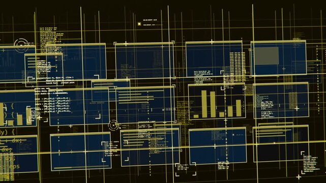 Booting interface loading panels shifting on dark display with yellow lines, showing code and chart