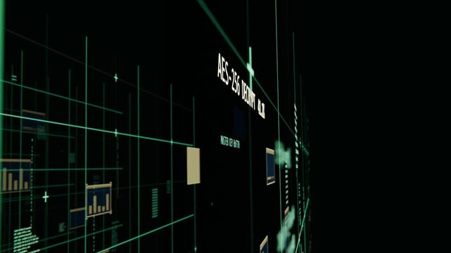 Showing AES-256 DECRYPT label rising percent with MASTER KEY in 3D grid, passing 35% causing pan