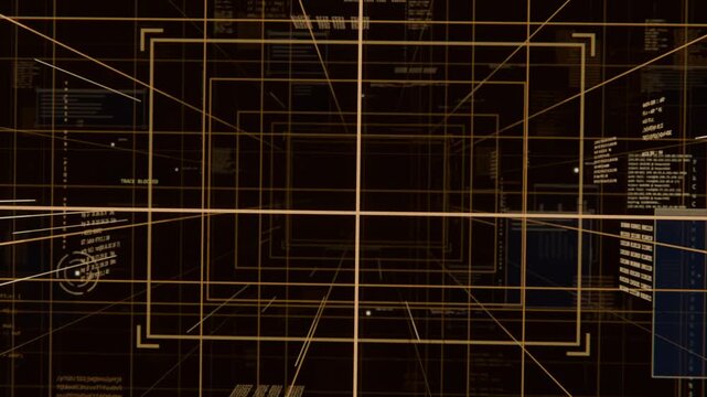 Moving camera causing amber grid tunnel sliding through data space to navigate network, showing HUD