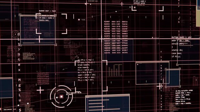 Loading HUD interface, grid shifting, code panels sliding, crosshair scanning for monitoring