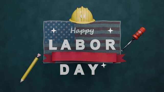 Floating tools starting assembly on dark green board, letters forming Labor Day flag panel hard hat
