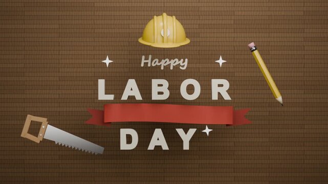 Icons appearing forming centered LABOR DAY on wood planks honoring labor with hard hat ribbon tools