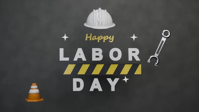 Falling hard hat causing Happy LABOR DAY graphic forming in studio, flanked cone tools, celebrating