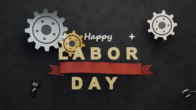 Opening showing gears letters wrench aligning on dark backdrop with red ribbon honoring US worker