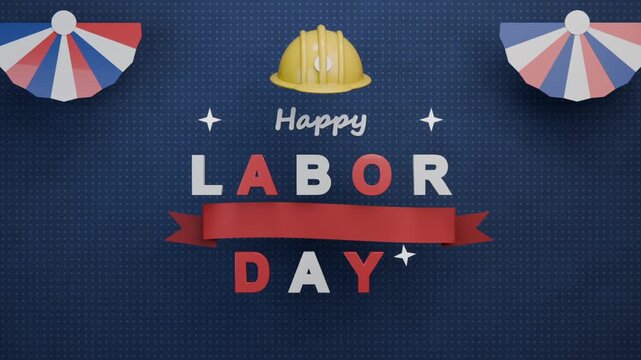 Starting greeting revealing hard hat, LABOR DAY ribbon on navy backdrop honoring American worker