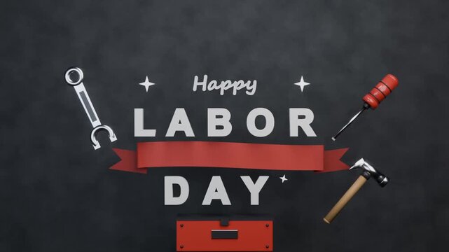 Starting with toolbox appearing LABOR DAY forming on studio tools dropping ribbon honoring workers