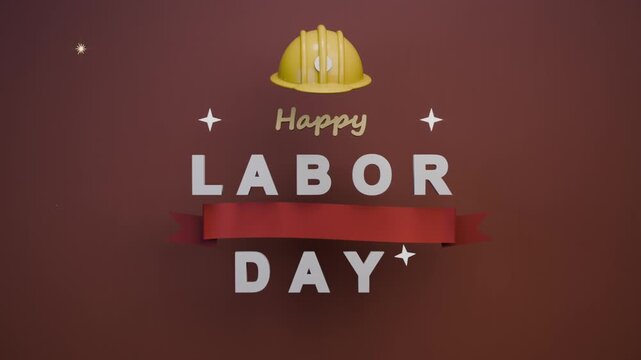 Starting maroon backdrop, card forming LABOR DAY, Happy hard hat, red ribbon honoring worker, stars