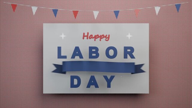 Dropping centered white panel starting Happy LABOR DAY animating on gingham wall, balloons floating