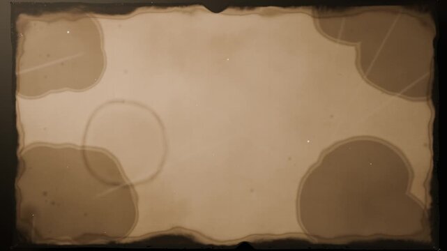 Rotating left-rod unrolling aged scroll with burnt border, showing growing stains on black backdrop