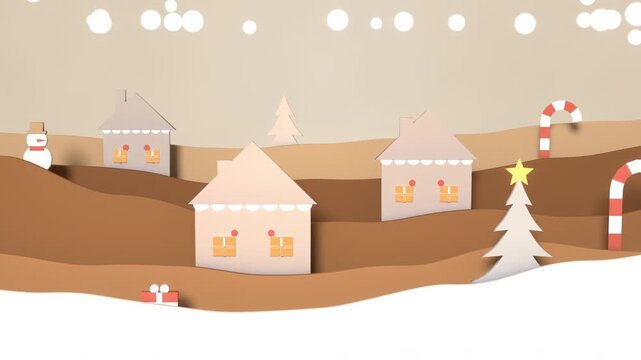 Animating papercut village forming on beige scene, for holiday display with houses tree lights snow