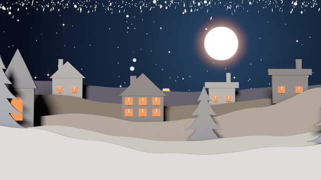 Rising glowing lanterns drifting past paper-cut houses while snow falling as moon brightens