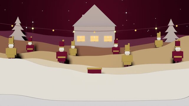 Walking lantern-bearer starting assembly on snowy hills in red coats lighting lights for caroling