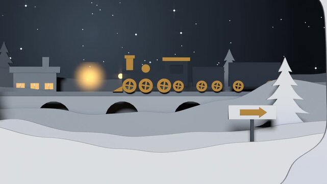 Headlight appearing near horizon, steam locomotive crossing bridge toward lit village, gold wheels