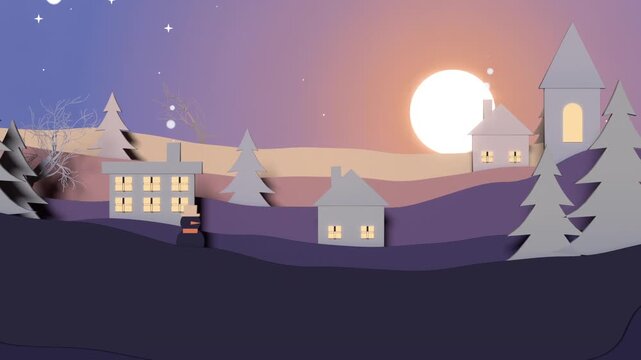 Sliding cut-outs assembling winter village on hills during scene opening, moon rising lit windows