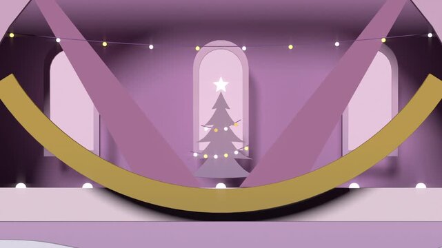 Opening gold slat gate after gap opening, gold band lowering showing stage with tree, lit bulbs