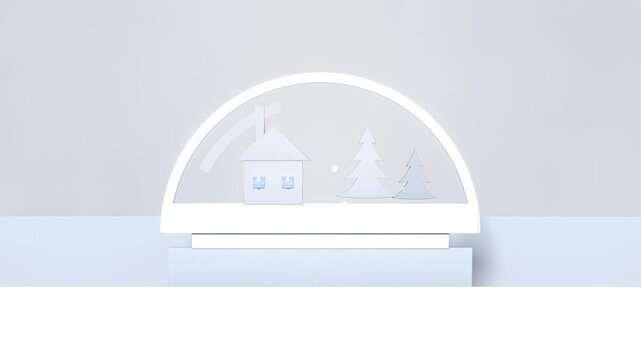 Sparkling particles initiating dome rising on plinth in pale studio, revealing house and pine trees