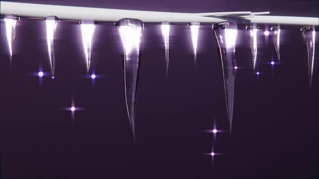 Shifting light revealing row of clear icicles growing in closeup on white rod with purple glints