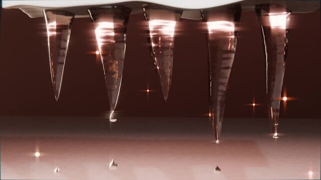 Forming beads, row of translucent icicles melting into droplets beneath overhang from warm light