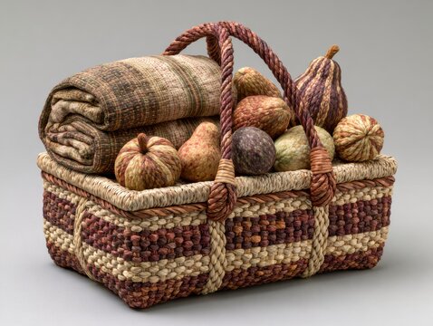 Woven Basket with Fabric and Decorative Gourds on a Neutral Background